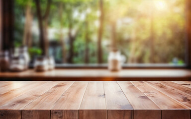 Empty brown wooden table top and blurred defocused background of restaurant or cafe. Ready for product montage.