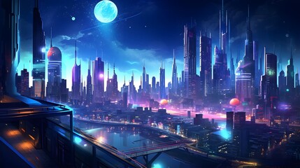 Futuristic night city panorama with skyscrapers, streets and buildings