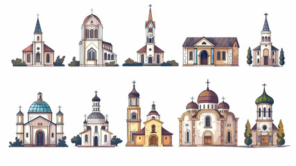Church religious building set. Mosque, temple, synagogue, cathedral, orthodox, chapel, monastery. Hand drawn style vector illustration. studio style