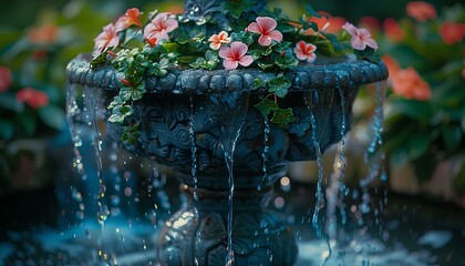 Old fountain in the garden full of flowers and plants splashing water. Old Ancient Greek stone fountain surrounded by nature. Closeup of fountain in park. Water and hydration during hot weather - obrazy, fototapety, plakaty