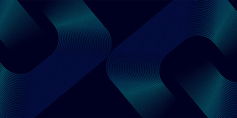 Abstract blue glowing geometric lines on dark background. Modern shiny blue rounded square lines pattern. Futuristic technology concept.