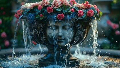 Old fountain in the garden full of flowers and plants splashing water. Old Ancient Greek stone fountain surrounded by nature. Closeup of fountain in park. Water and hydration during hot weather