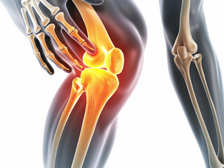 Knie Arthrose, Knochen ist sichtbar. Schmerz strahlt rot aus. Patient hat die Hand draufgelegt.