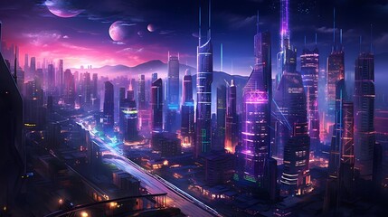 Panoramic view of the city at night. 3D rendering
