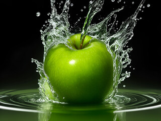 Manzana verde hundiéndose en agua a alta velocidad. Fondo oscuro. Vista de frente y de cerca. Copy space. AI Generativa