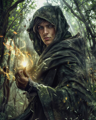 Hombre joven aprendiz de mago, con capucha en un ambiente de naturaleza