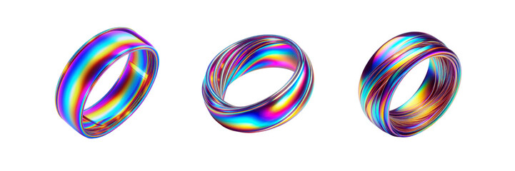 Set of Bright Holographic Ribbon Ring illustration, isolated over on transparent white background