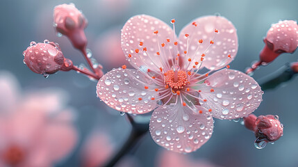 Close-up image of a vibrant pink flower, petals glistening with fresh water droplets, exudes natural beauty