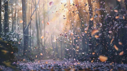 Foto op Plexiglas Enchanted forest with pastel confetti: Nature's colorful embrace © Irfanan