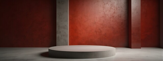 Red textured backdrop with white pedestal