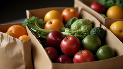 Fruits and vegetables on a light background in kraft bags from a health and wellness food store from a farmer's market. AI generative