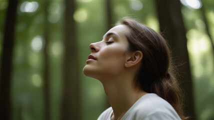 Relaxed woman breathing fresh air in a green forest. AI generative