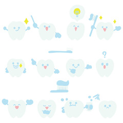 歯をデフォルメしたキャラクターがいろんな表情やポーズをしているカラーイラストセット