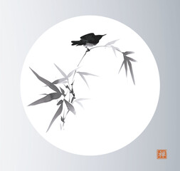 Ink painting of a little  bird on bamboo branch in white circle on grey background. Traditional oriental ink painting sumi-e, u-sin, go-hua. Translation of hieroglyph - zen