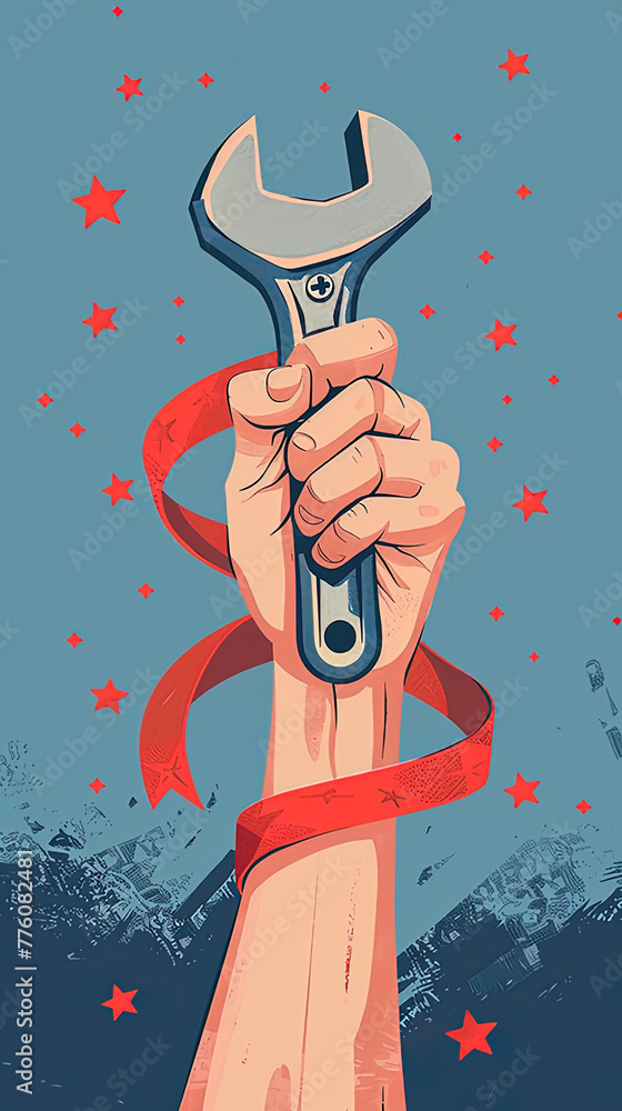 Wall mural Background Reference of Happy Labor Day. Graphic illustration of a hand holding a screwdriver