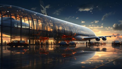 3D rendering of an airplane in the airport at sunset with a beautiful sky