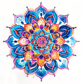 Watercolor Mandala Design. Colorful Flower Mandala on white background.