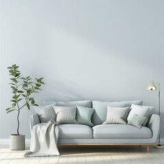 Blank wall background for frame mockup, modern home interior sofa background, 3D render