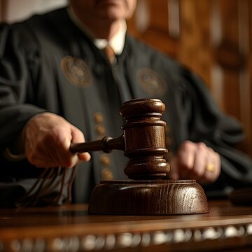 A judge is in a courtroom, striking a gavel on a wooden desk