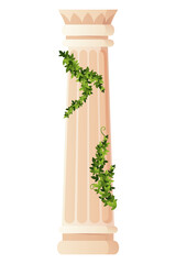 Ancient ivy covered column. Museum and exhibition. Cartoon greek or roman pillar with climbing ivy branches. Antique foliage decorated element. Cartoon flat isolated on white