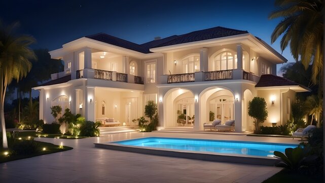 At night, a posh villa house. Retirement investment opportunities in a luxurious resort style home.