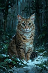 Elegant Forest Cat in Snow: Enigmatic Gaze, Winter Wonderland, Whiskered Hunter Amidst Ethereal Woodland Serenity