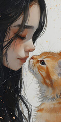 Tender Moment Between a Woman and Her Ginger Cat in a Watercolor Embrace 1