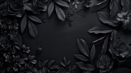 Elegant black metallic background with leaves and space for text - obrazy, fototapety, plakaty