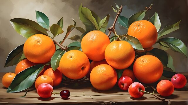 A summertime wallpaper or background with a still life of oranges, fruit, and a cherry branch in the style of an oil painting