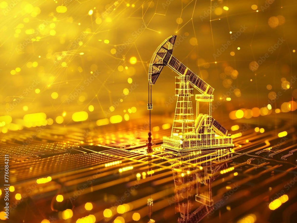 Poster digital yellow drilling rig machine with glowing data stream symbolizes the integration of artificia