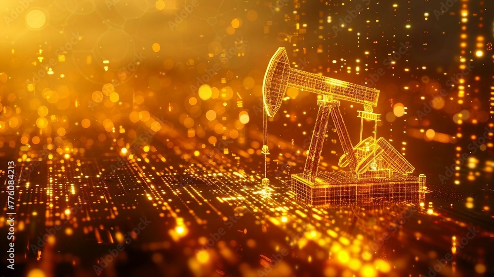 Poster digital yellow drilling rig machine with glowing data stream symbolizes the integration of artificia