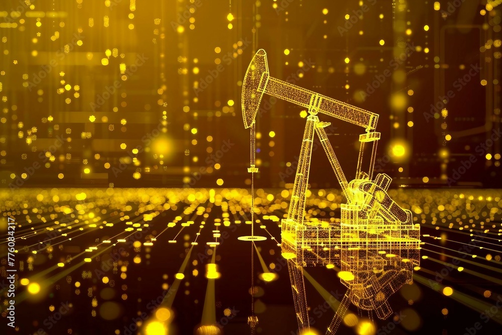 Aufkleber digital yellow drilling rig machine with glowing data stream symbolizes the integration of artificia