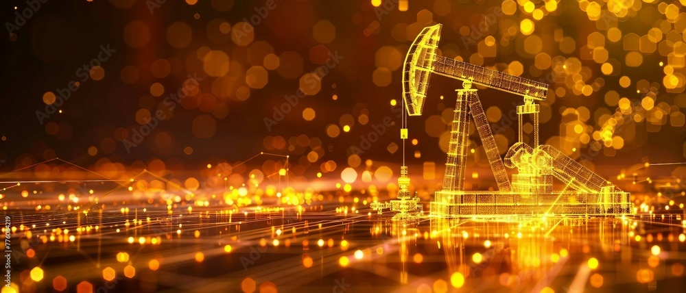 Poster digital yellow drilling rig machine with glowing data stream symbolizes the integration of artificia