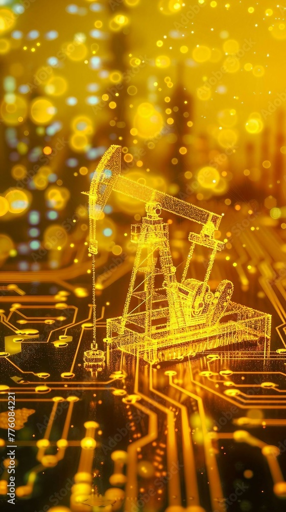 Wall mural digital yellow drilling rig machine with glowing data stream symbolizes the integration of artificial intelligence into drilling and extraction processes in the oil and gas industry.
