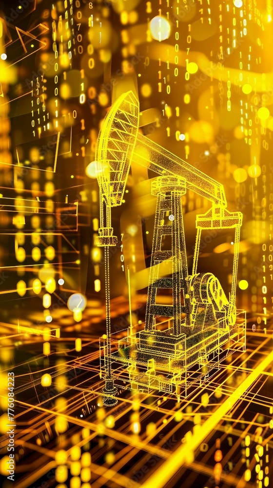 Poster digital yellow drilling rig machine with glowing data stream symbolizes the integration of artificia