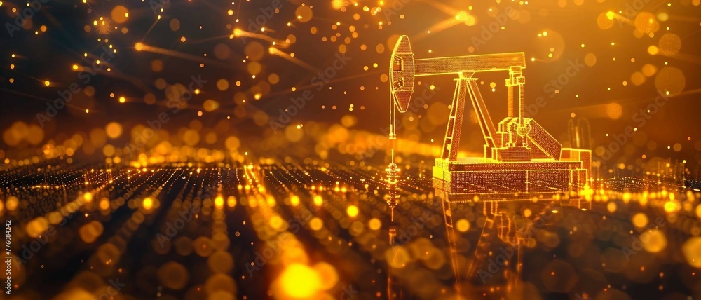 Poster digital yellow drilling rig machine with glowing data stream symbolizes the integration of artificia