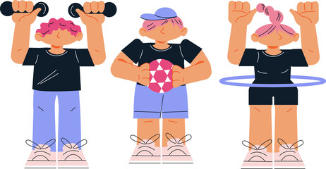 Active sport children characters for banners and posters. Kids doing sports and playing active games.