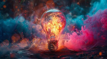 Abstract composition, light bulb breaking into fractals, vibrant explosion of colors, surreal dream - obrazy, fototapety, plakaty