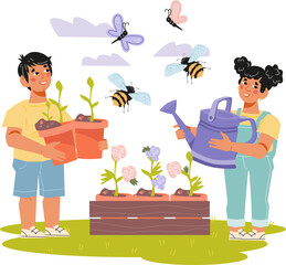 Children play in the garden, plant trees and experience happiness and fun. Summer and spring outdoor activities for children and greening the environment.
