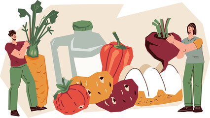 Healthy eating banner poster, designed to educate on the benefits of a nutritious diet. People among fresh vegetables and healthy food.