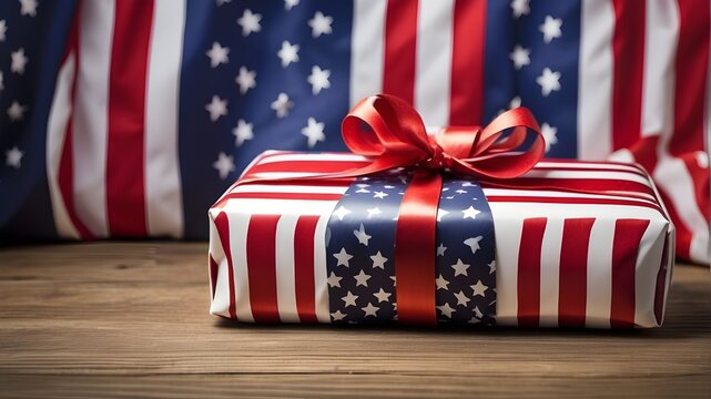 American flag-inspired holiday present that is patriotic in nature, The pride and happiness of national holidays are symbolized by an American flag with a colorful present.