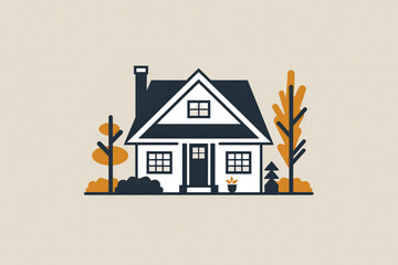 An illustrated house with blue accents and outlines with a tan background. 