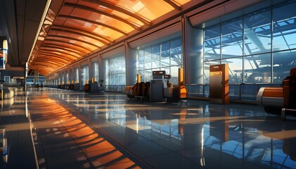 interior of the airport terminal in the evening. panoramic view - obrazy, fototapety, plakaty