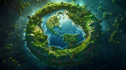 Aerial View of Vibrant Forest Shaped Like Earth Continents Representing Global Environmental Conservation Concept