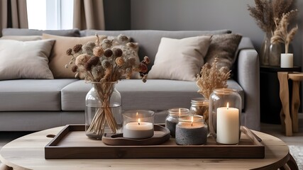 A mix of brown and gray hues are used to design the living area. A wooden tray with a vase, a candle, and a glass jar full of dried flowers are all set on the coffee table.