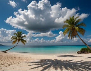 Beautiful tropical beach with white sand, palm trees, turquoise ocean against blue sky with clouds on sunny summer day.
