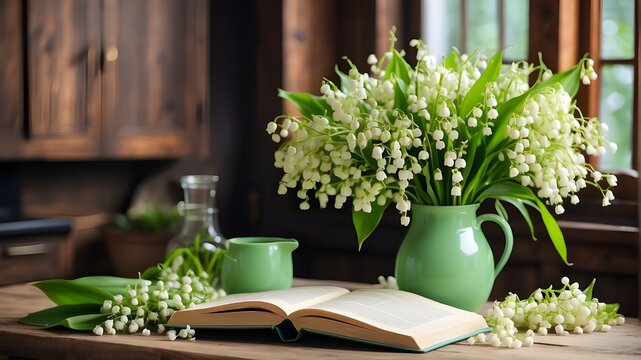 Happy May Day, springtime holidays, a green jug filled with lilies of the valley, an open book, and a wooden table in the kitchen