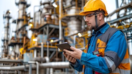 Senior Engineer Monitoring Oil Production with Tablet - 776084637