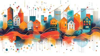 A vibrant illustration of homes inside an interest rate graph spike, symbolizing market impact