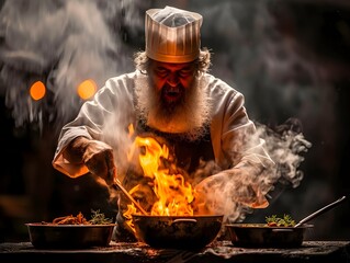 Chef Cooking with Passion Over an Open Fire in an Industrial Style - 776084671